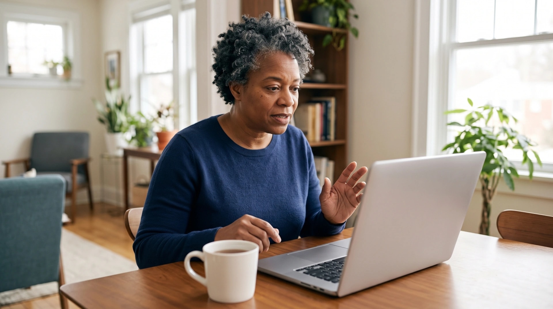 A woman on a video consultation at her laptop with a cup of coffee