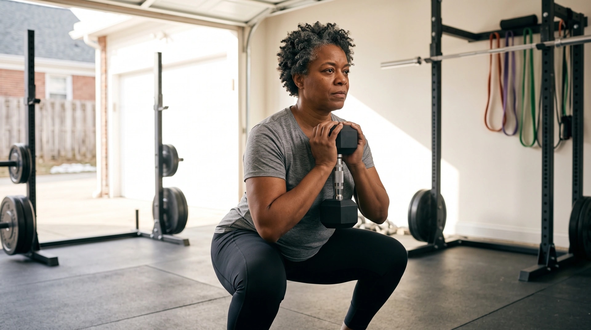 A woman doing a squat holding a dumbbell in a home gym