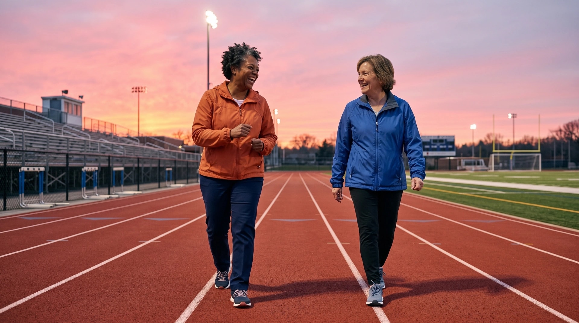 Two women walking together on a running track at sunset