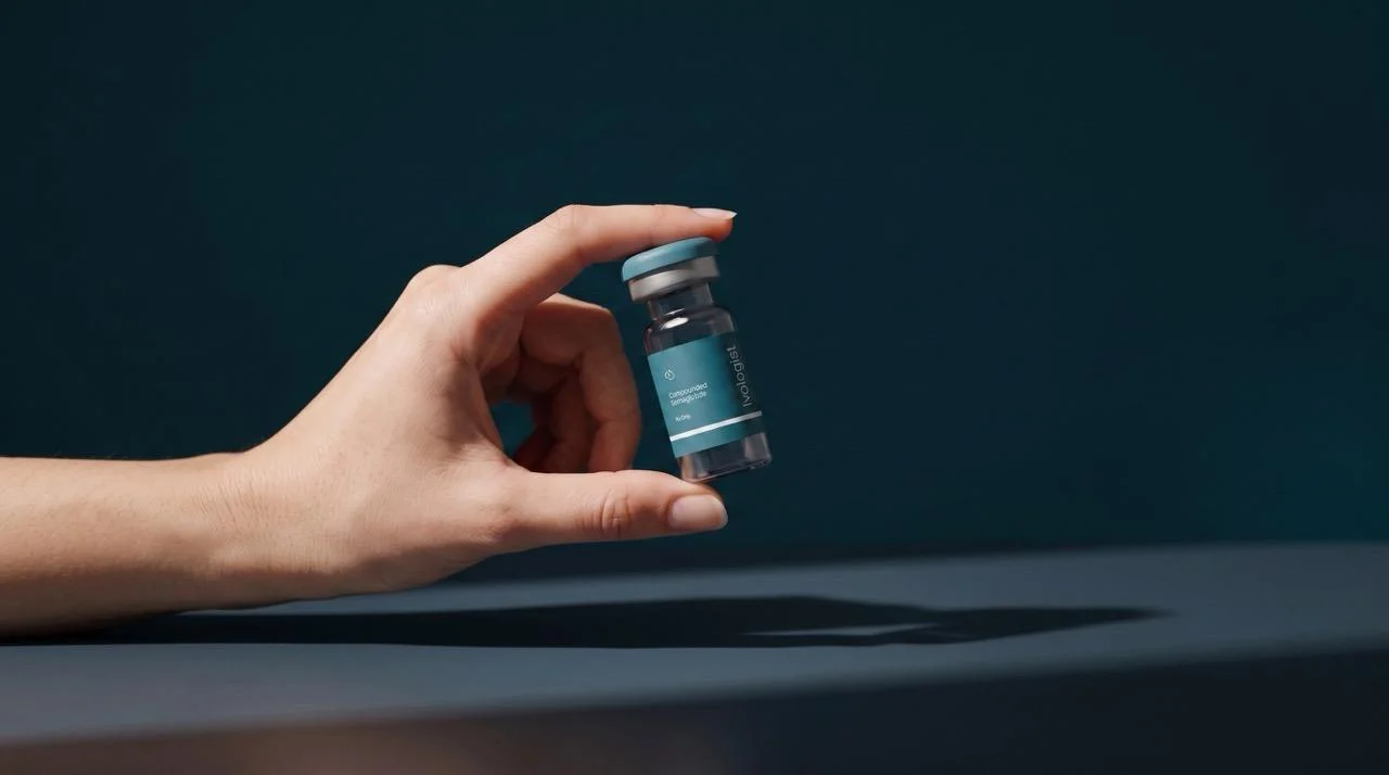 Hand holding a small vial of compounded semaglutide