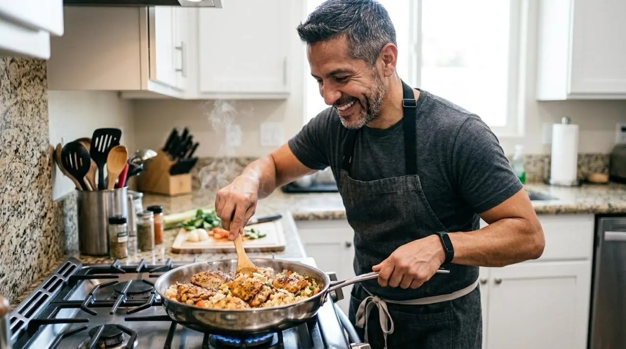 Man cooking a protein and vegetable meal in his kitchen