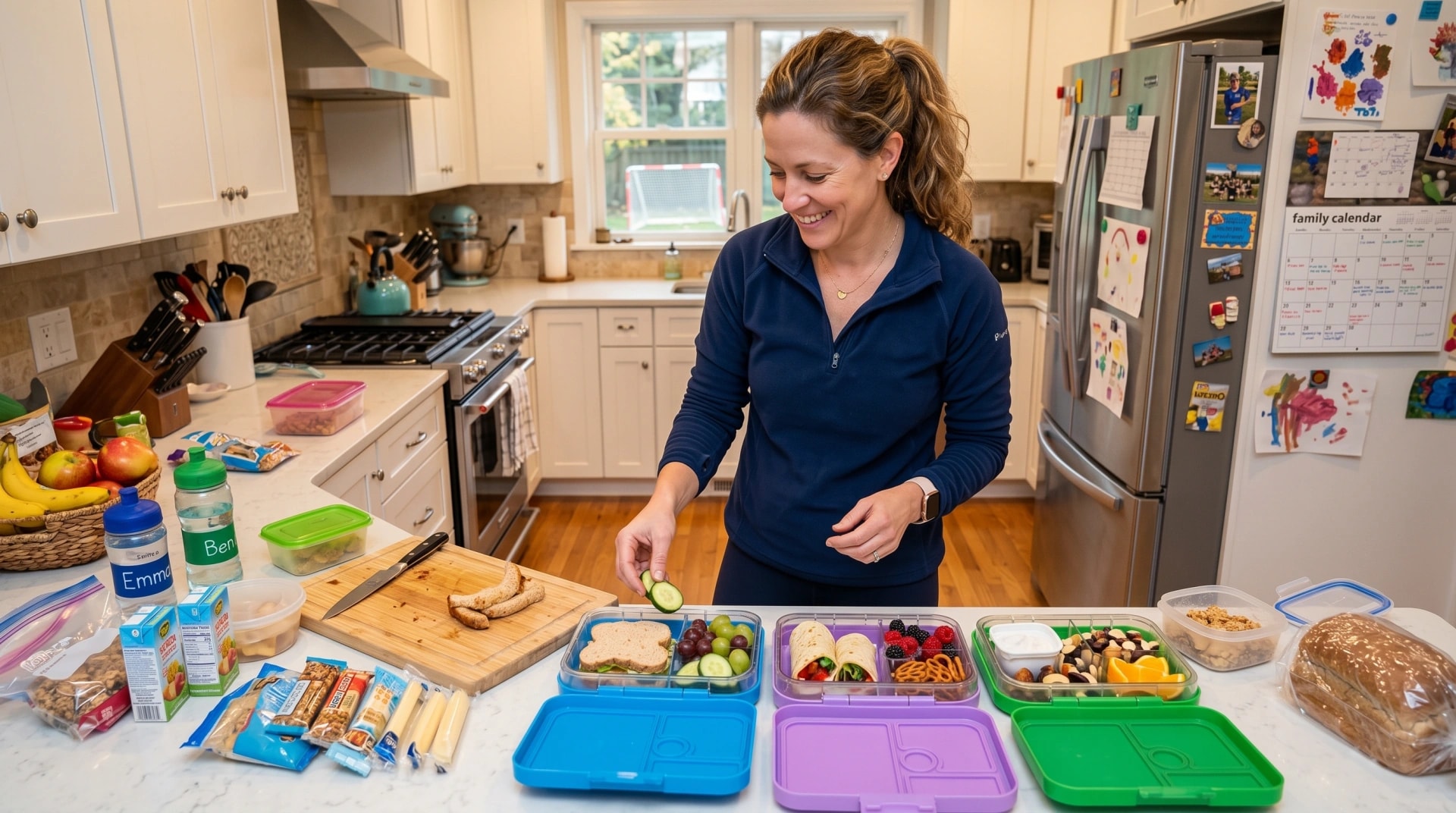 A woman packing colorful meal-prep containers at her kitchen counter