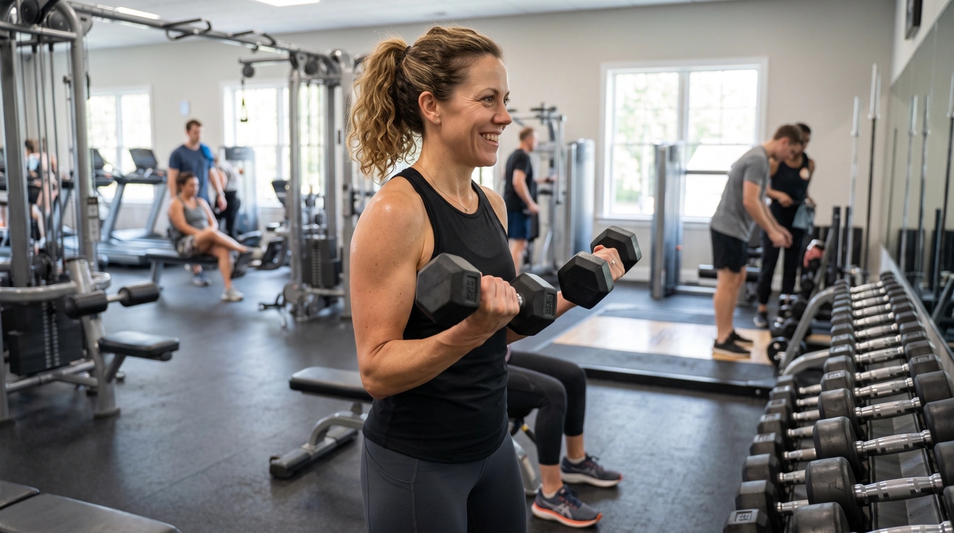 A smiling woman doing dumbbell curls in a gym