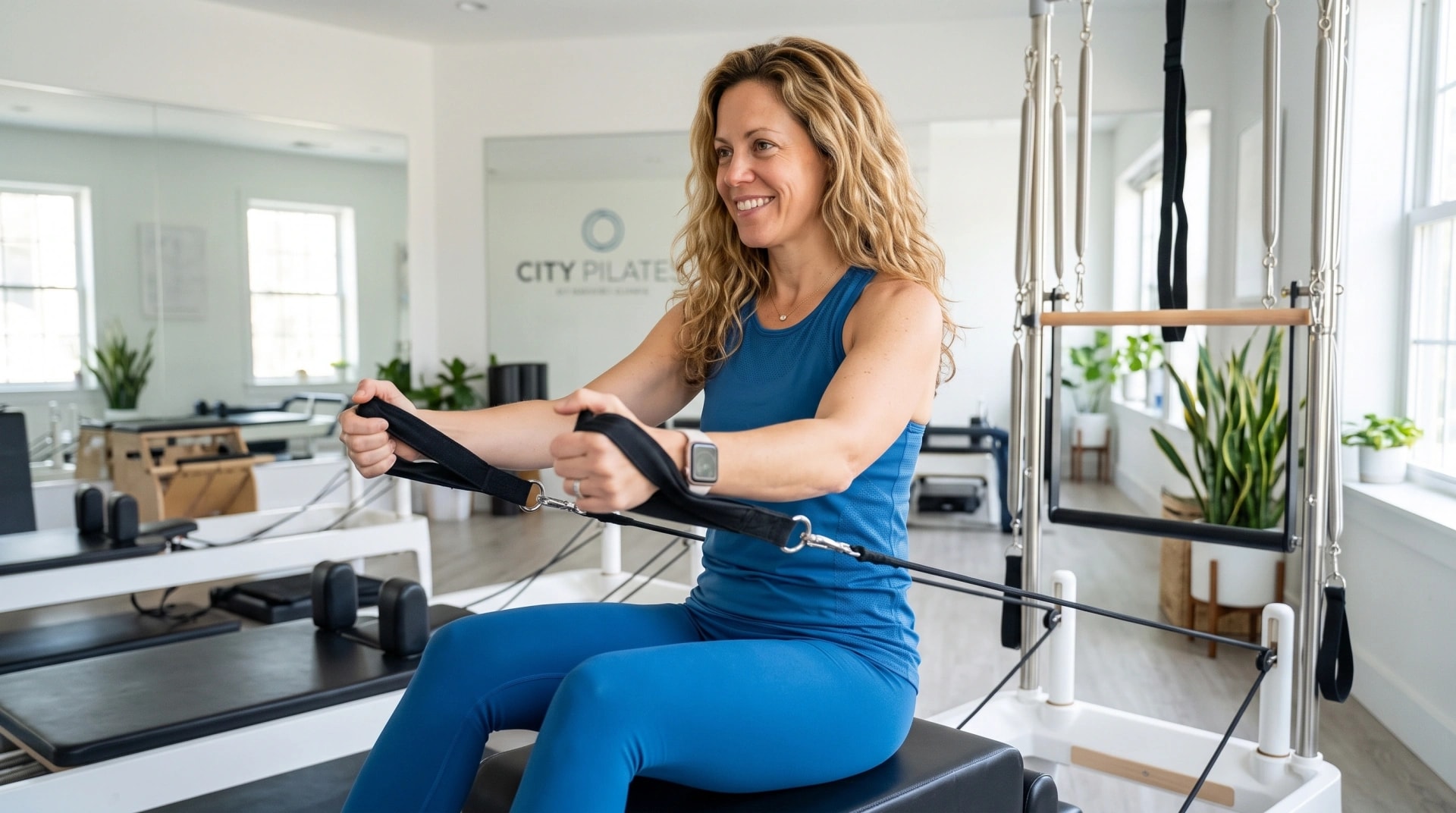 A woman working out on a Pilates reformer in a bright studio