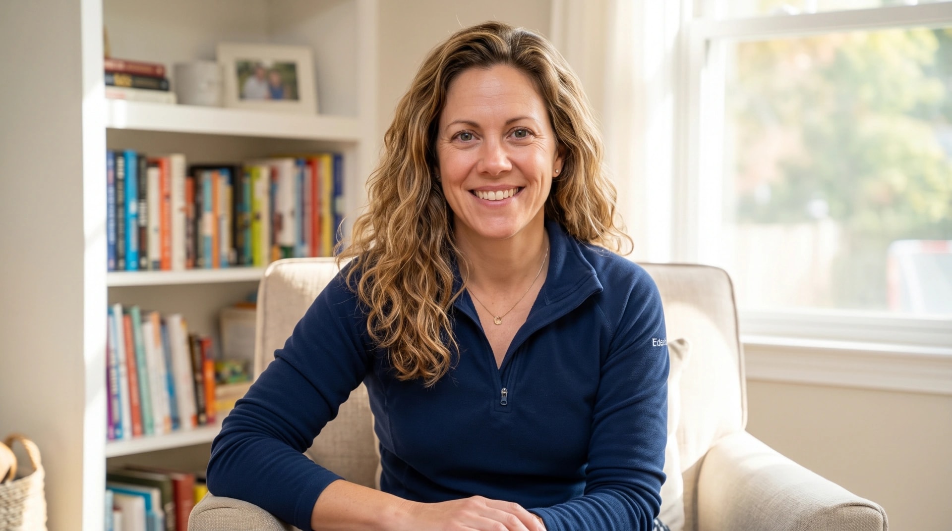 A smiling woman sitting in an armchair at home in front of a bookshelf