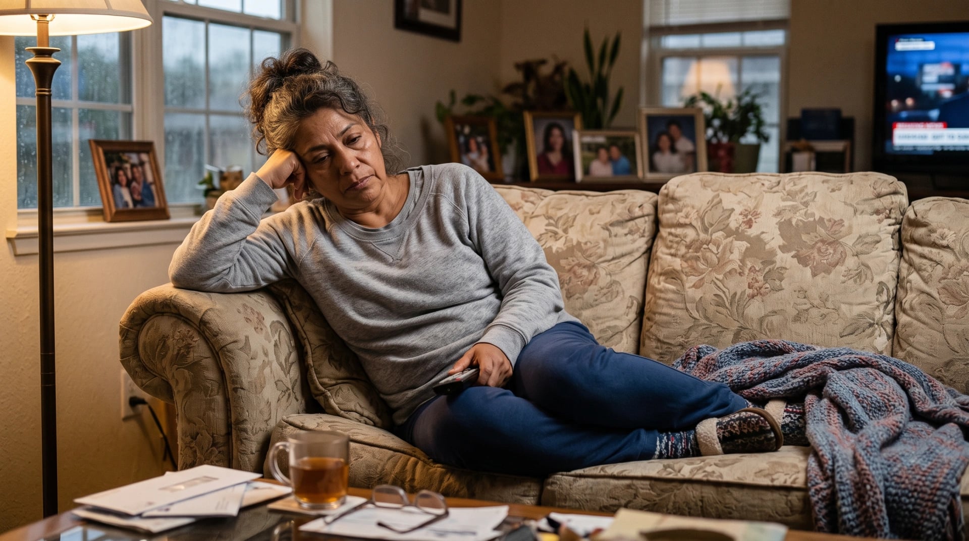 An exhausted woman resting her head on her hand on the sofa at home