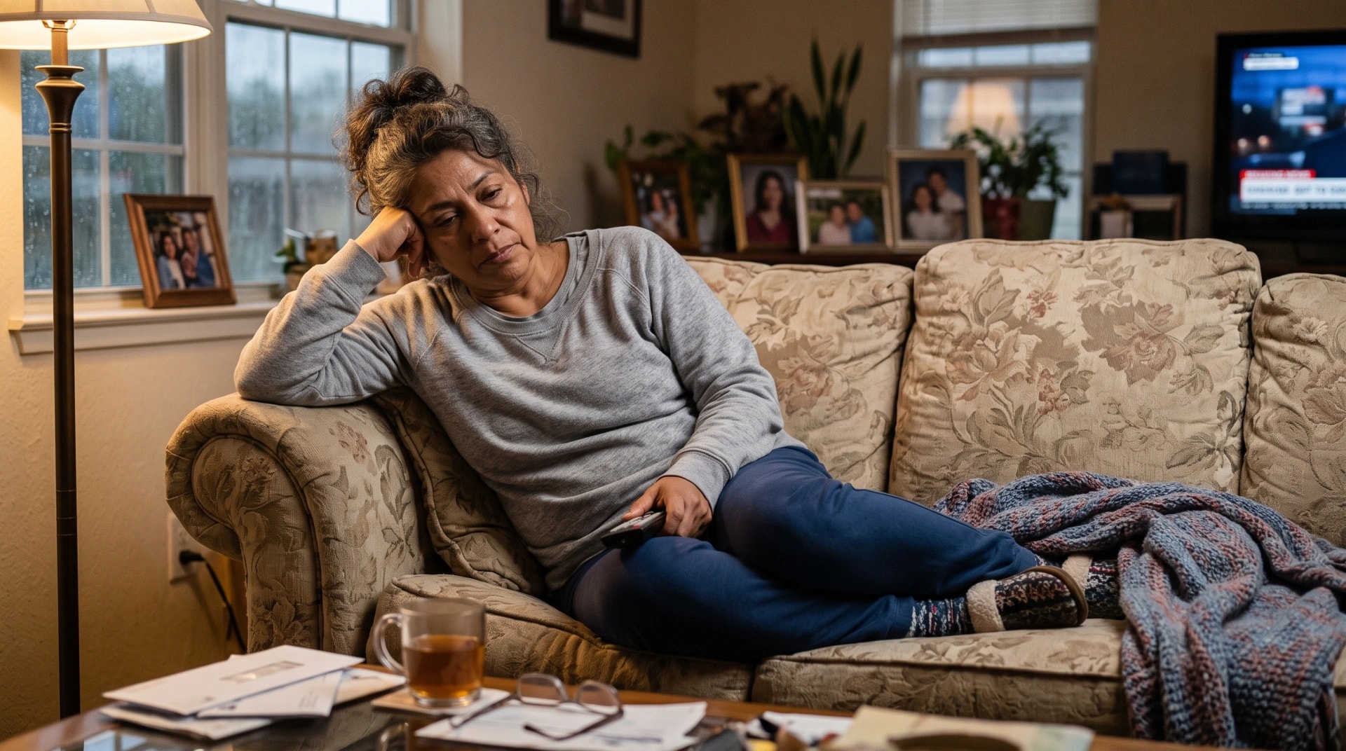 An exhausted woman resting her head on her hand on the sofa at home