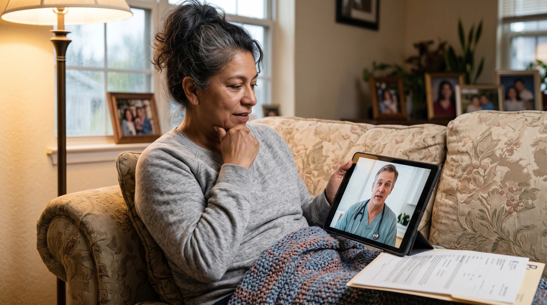 A woman on a video consultation with a clinician on her tablet at home