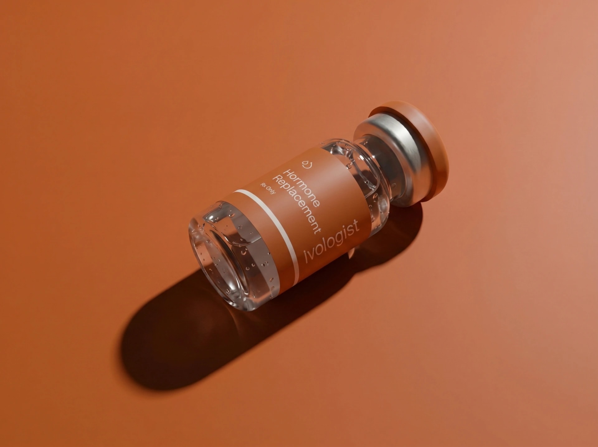 An Ivologist hormone therapy vial on a terracotta background