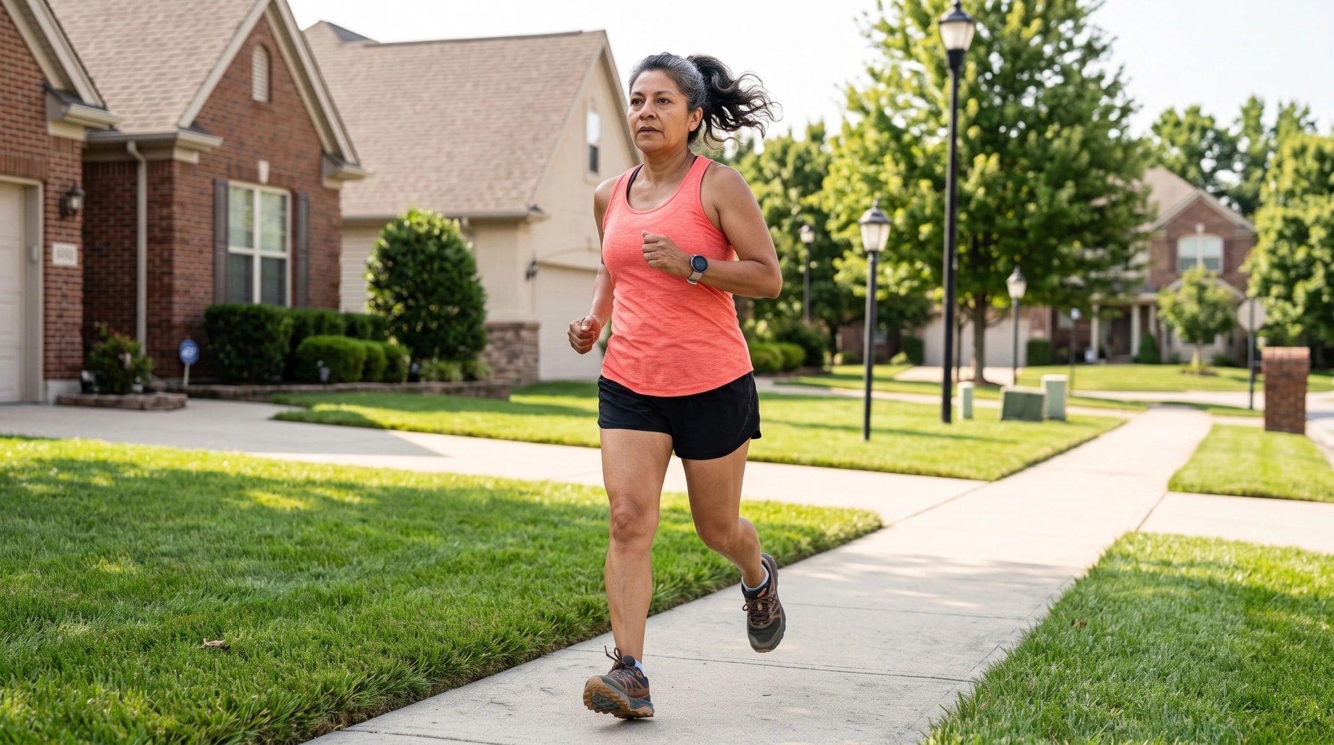 A woman jogging through her neighborhood in the morning