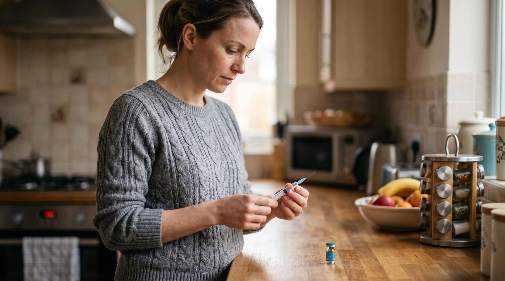 Person preparing a semaglutide injection at a kitchen counter, holding a syringe with a small vial on the counter