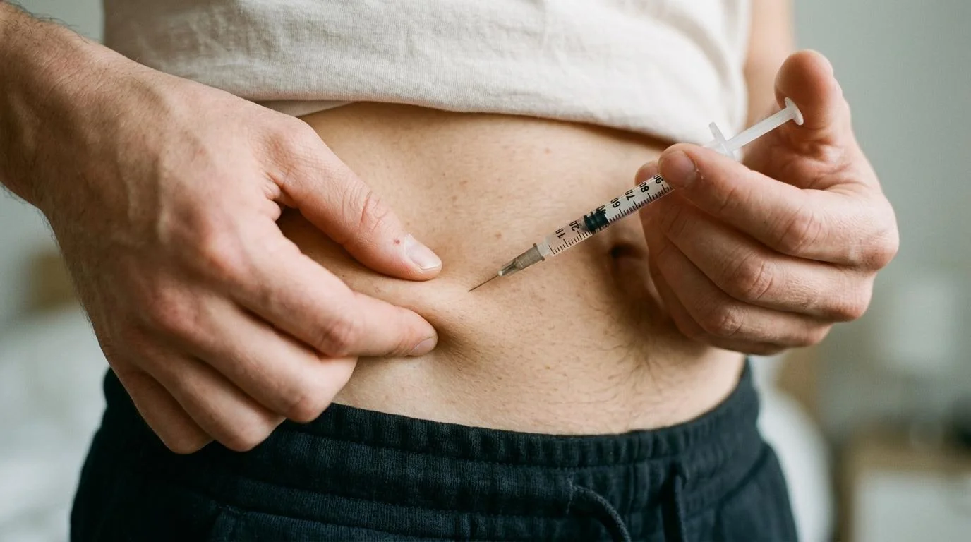 Close-up of a person pinching abdominal skin and inserting a syringe into the abdomen for a subcutaneous injection