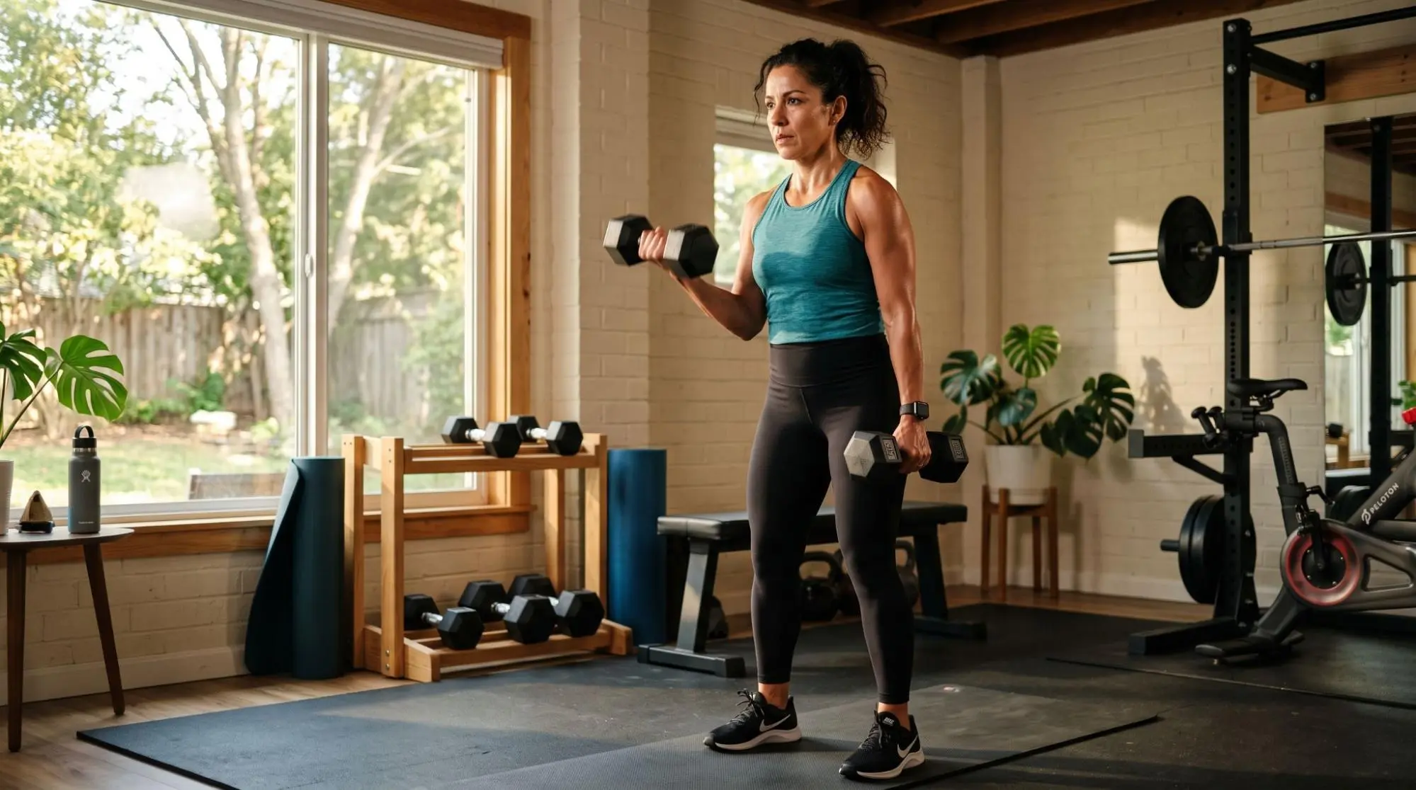 Woman doing dumbbell curls in her home gym