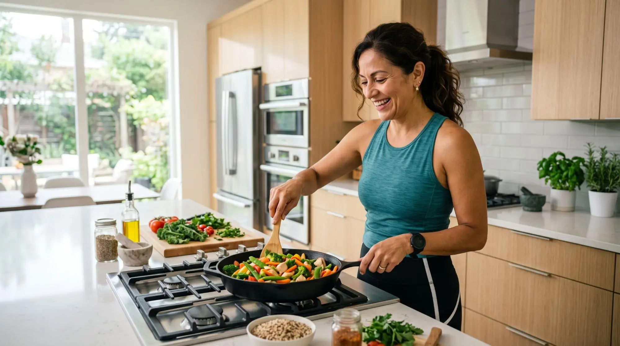 Woman cooking a vegetable stir-fry in her kitchen