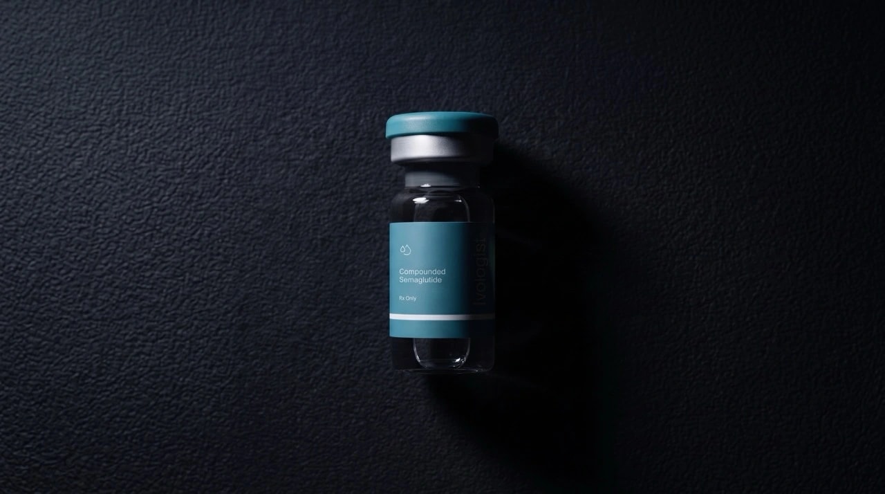 A semaglutide vial laid out on a dark surface.