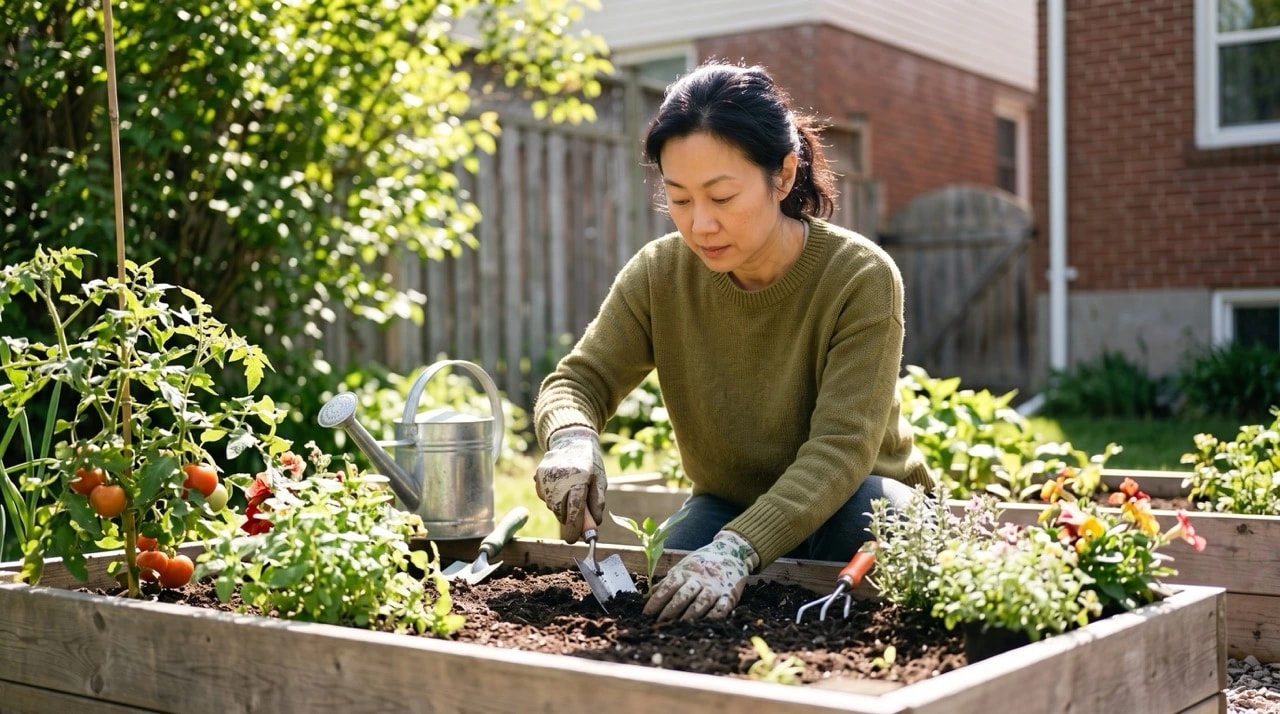 A woman planting some vegetables in her garden.
