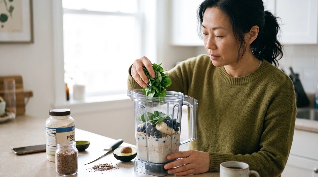 A woman making a protein rich smoothie.