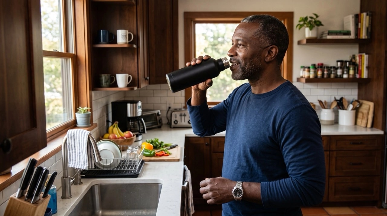 Man standing in a kitchen by the window drinking water from a black reusable bottle