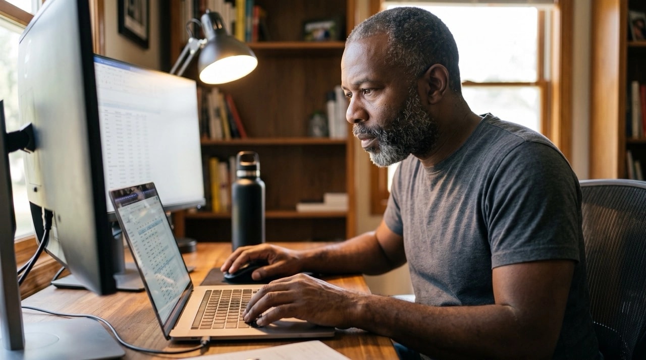 Man working focused at a wooden desk on a laptop with a water bottle nearby