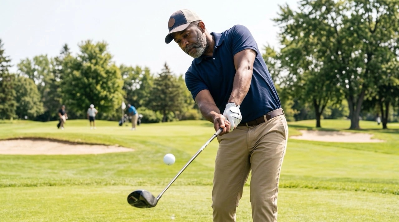 Golfer swinging a golf club on a green course on a sunny day