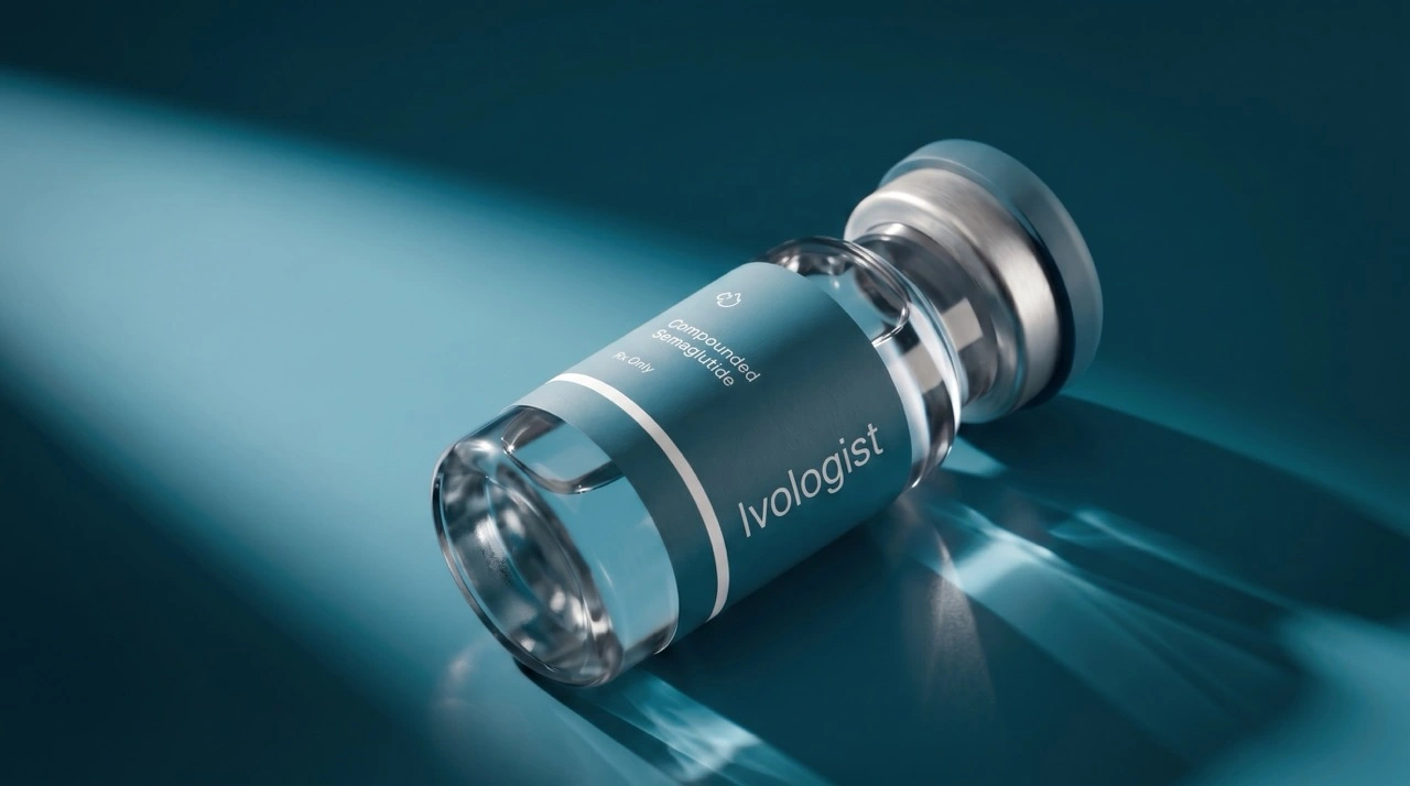 Close-up of an Ivologist compounded semaglutide vial under blue lighting