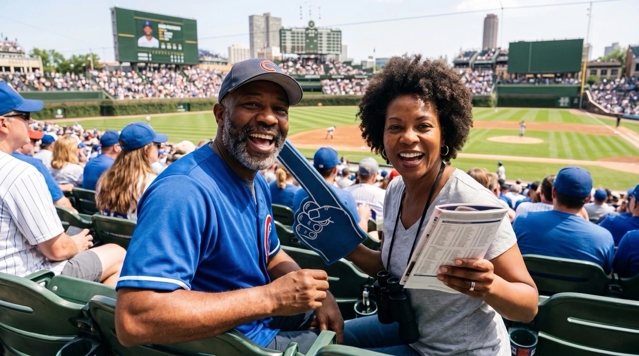 Smiling man and woman holding drinks and cheering at a baseball stadium game