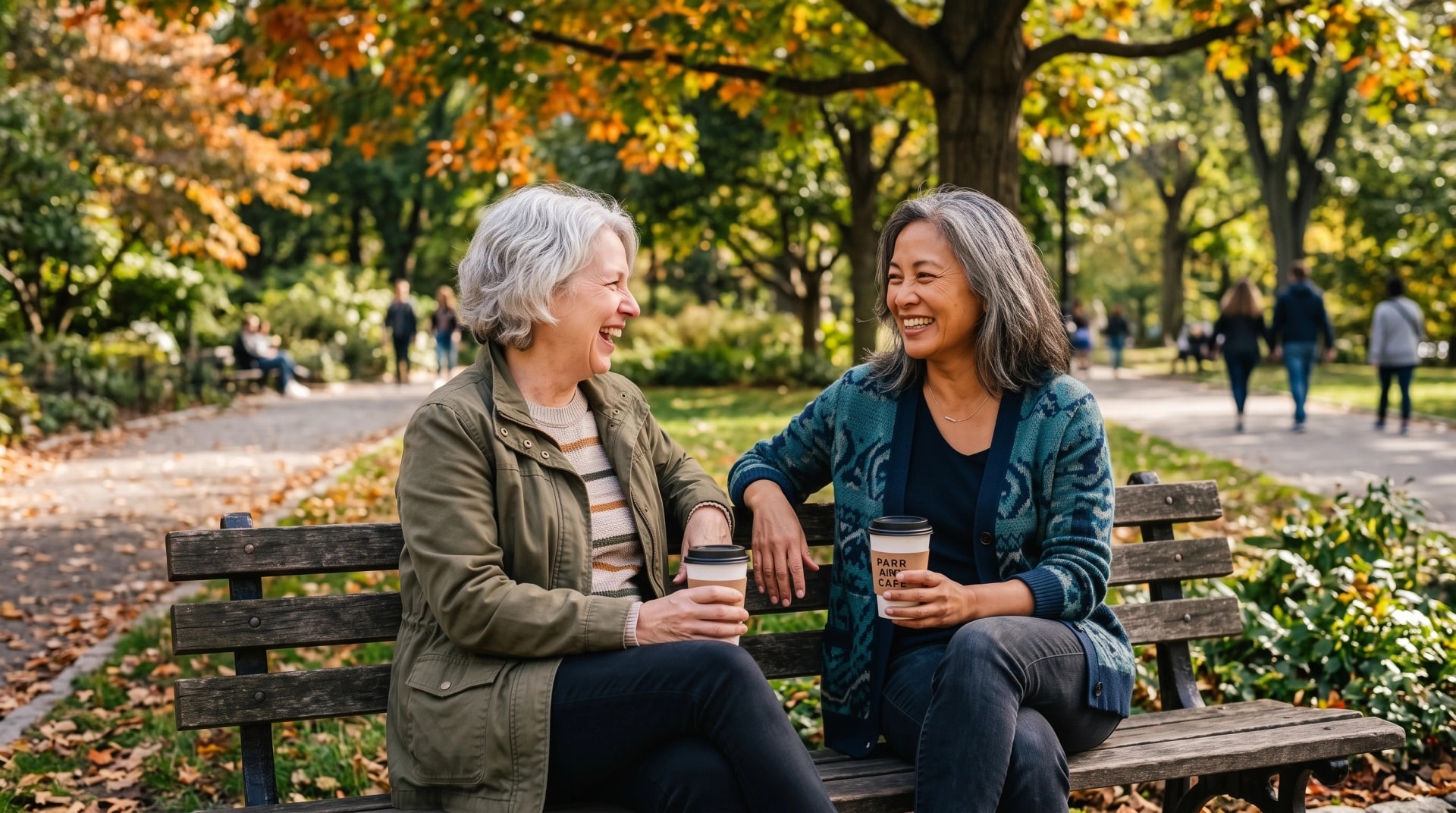 Two women laughing together over coffee on a park bench in autumn