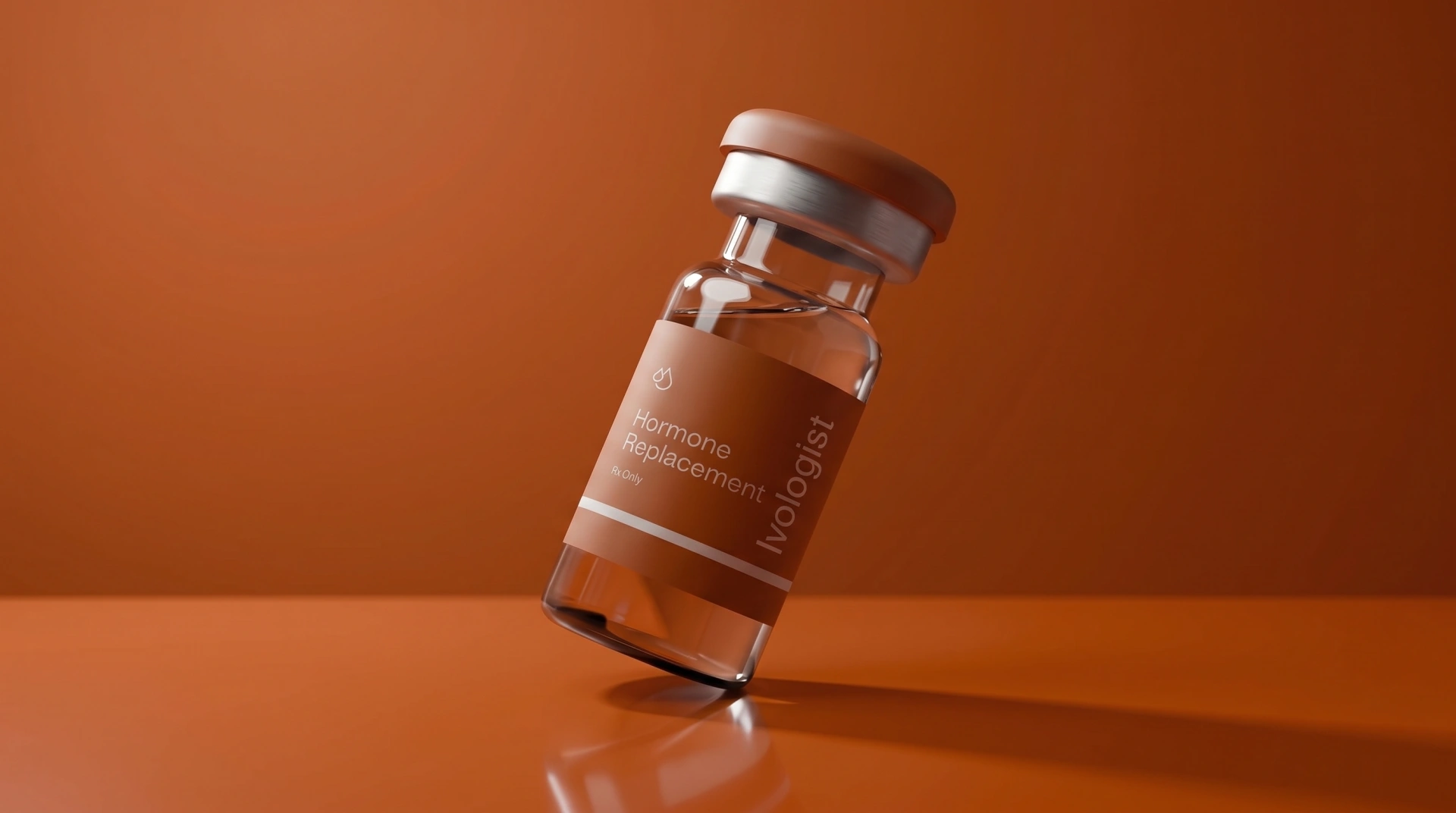 A single amber hormone therapy vial on an orange background