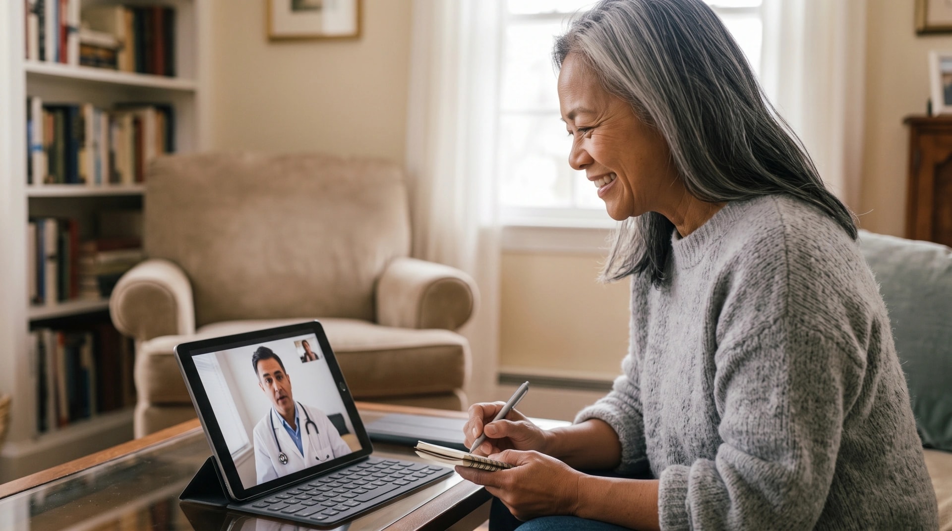 A woman taking notes during a video consultation with a doctor on her tablet