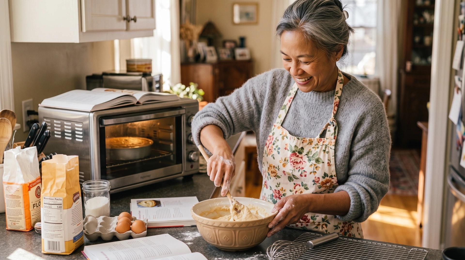 A woman in an apron mixing batter in her kitchen