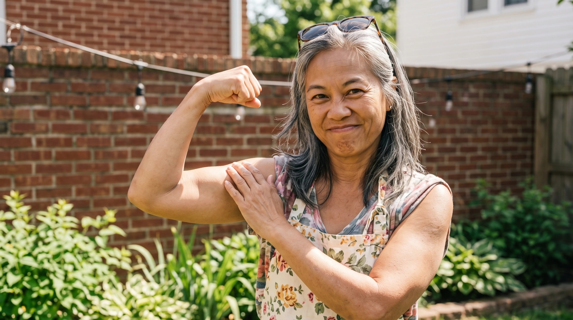 A smiling woman flexing her arm in her backyard garden