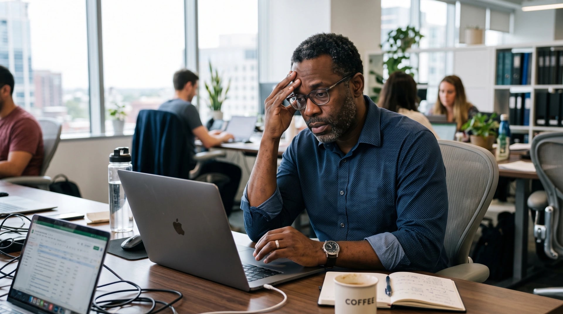 A tired man rubbing his temple at his desk in an open-plan office