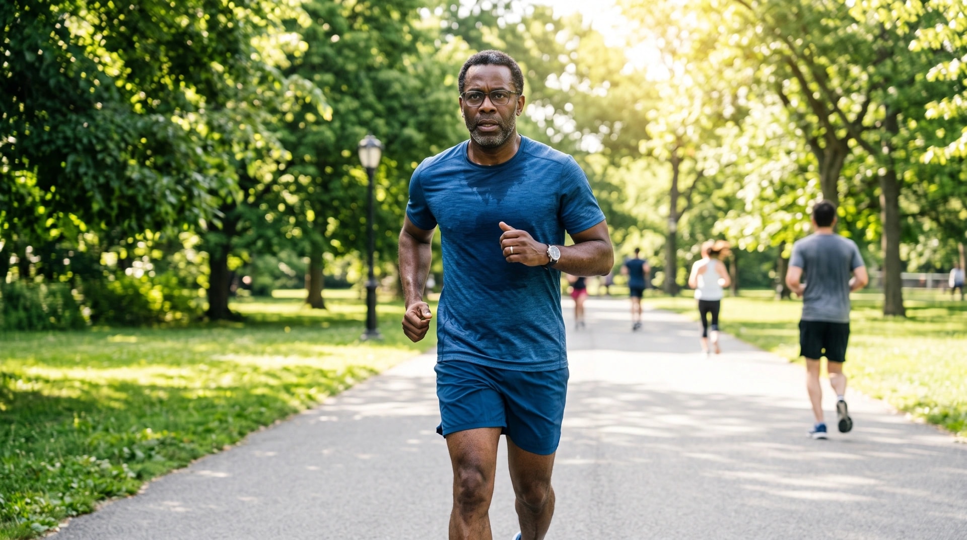 A man jogging along a park path in the morning light