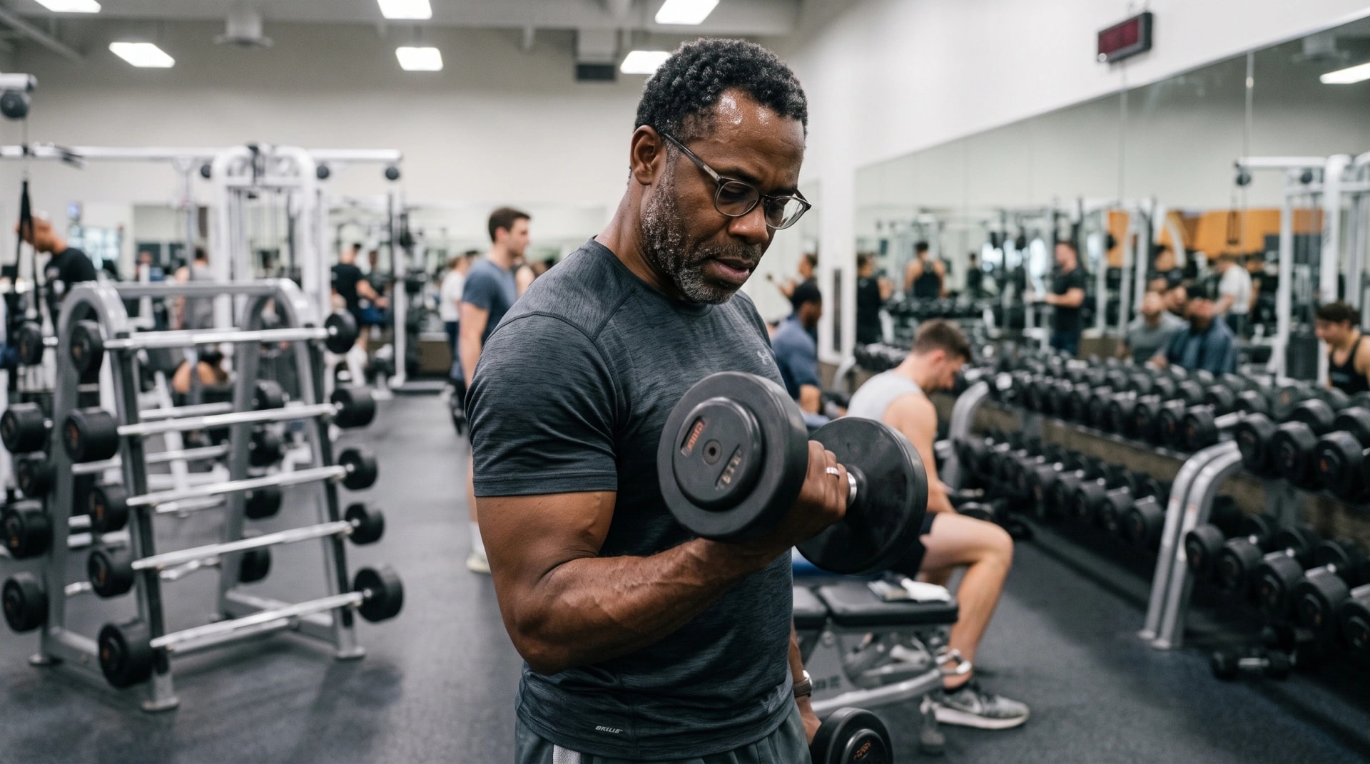 A man doing a dumbbell curl in the gym