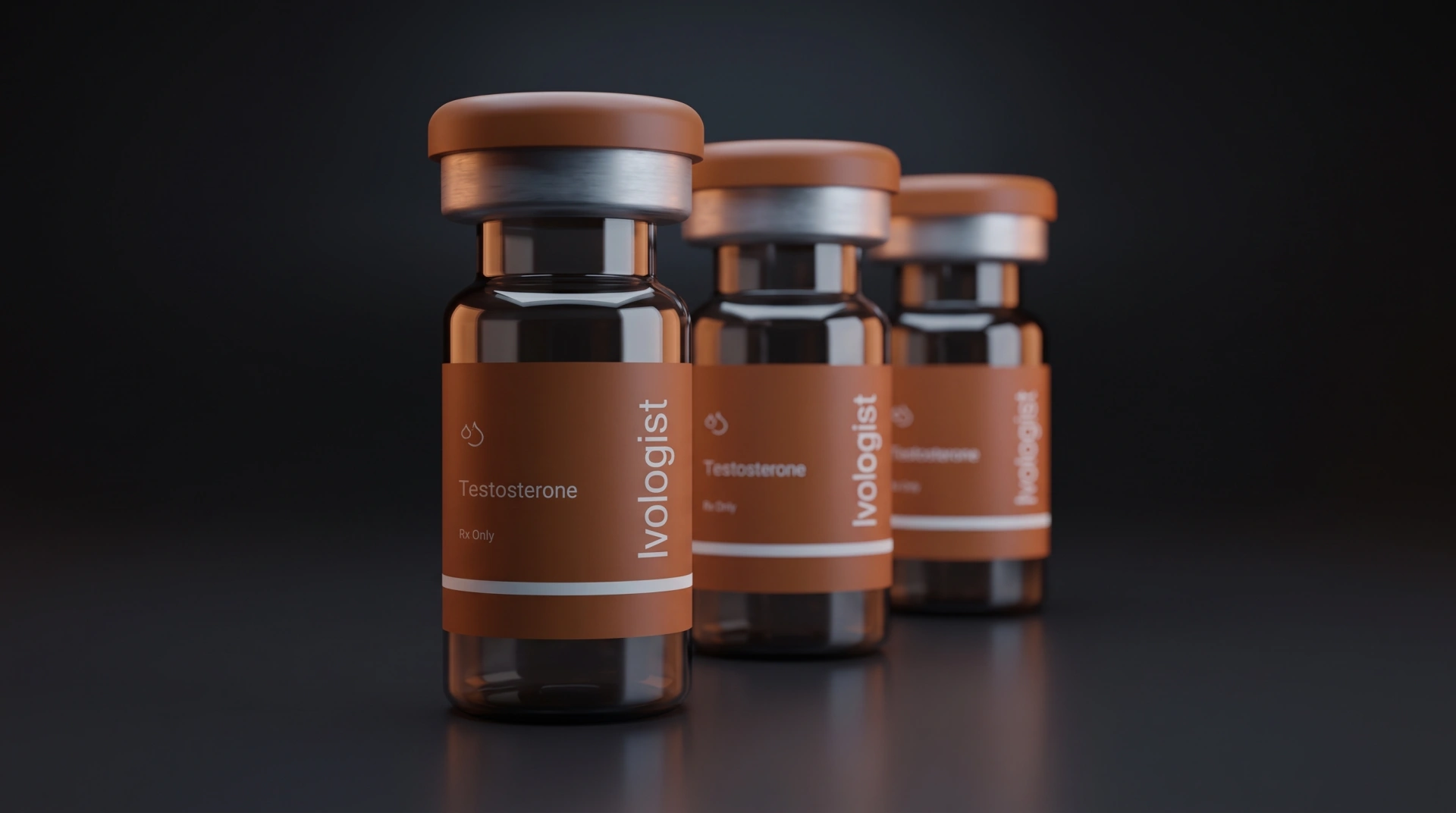Three Ivologist testosterone vials on a dark background