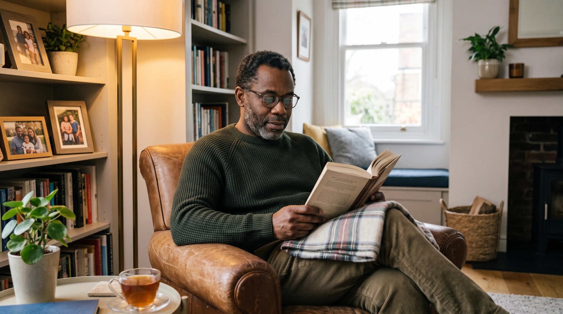 A man relaxing in an armchair at home with a book