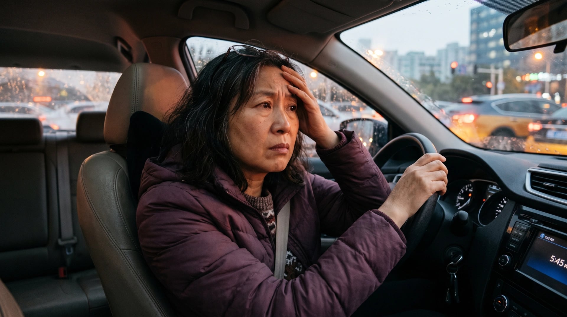 A stressed woman holding her forehead while stuck in city traffic
