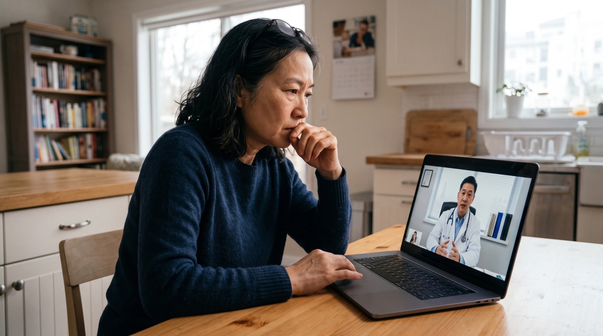 A woman on a video consultation with a clinician at her kitchen table