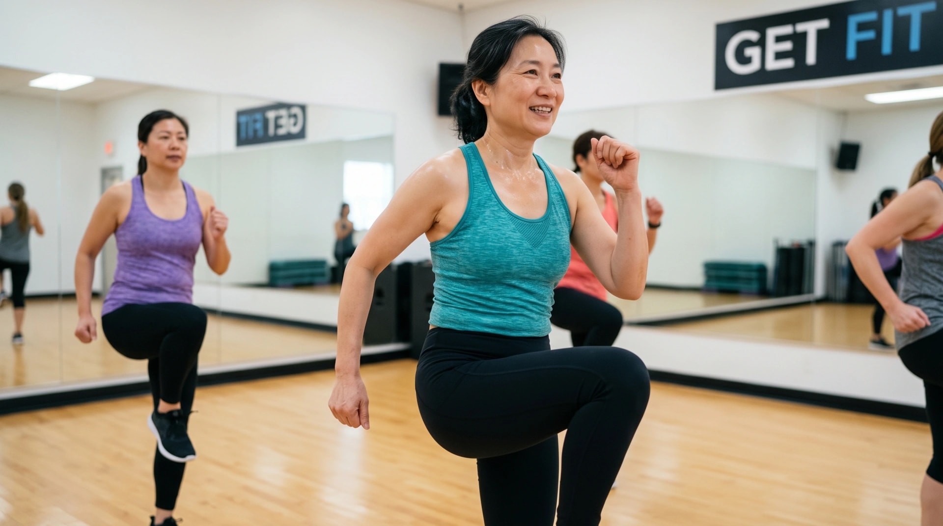 A woman taking part in a group fitness class