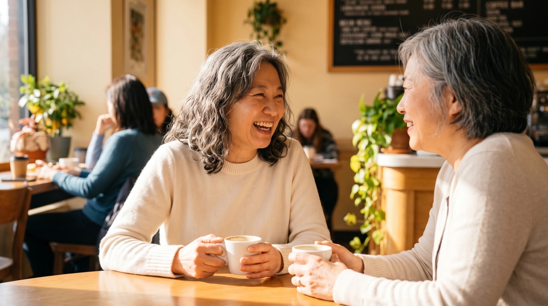 Two women laughing together over coffee in a cafe