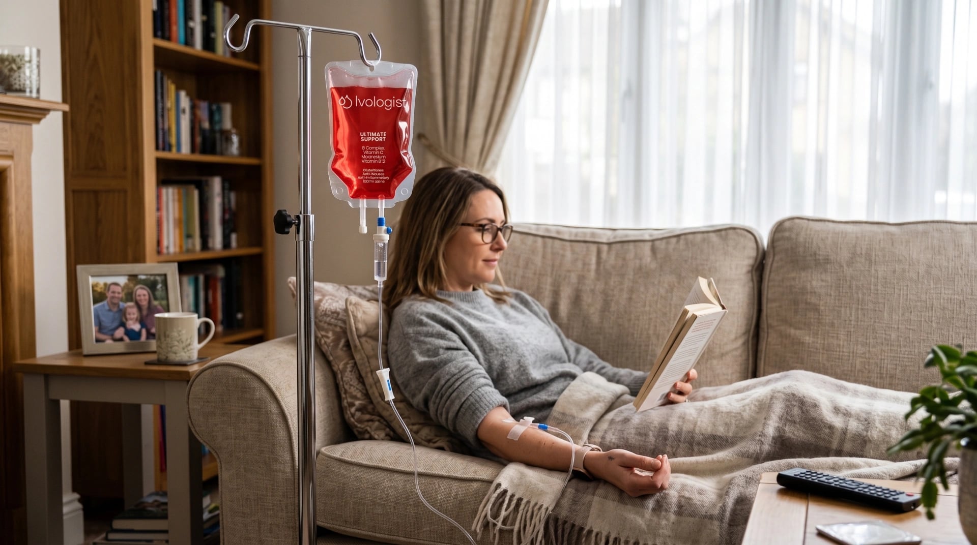 A woman reading on her sofa at home while receiving a mobile IV drip