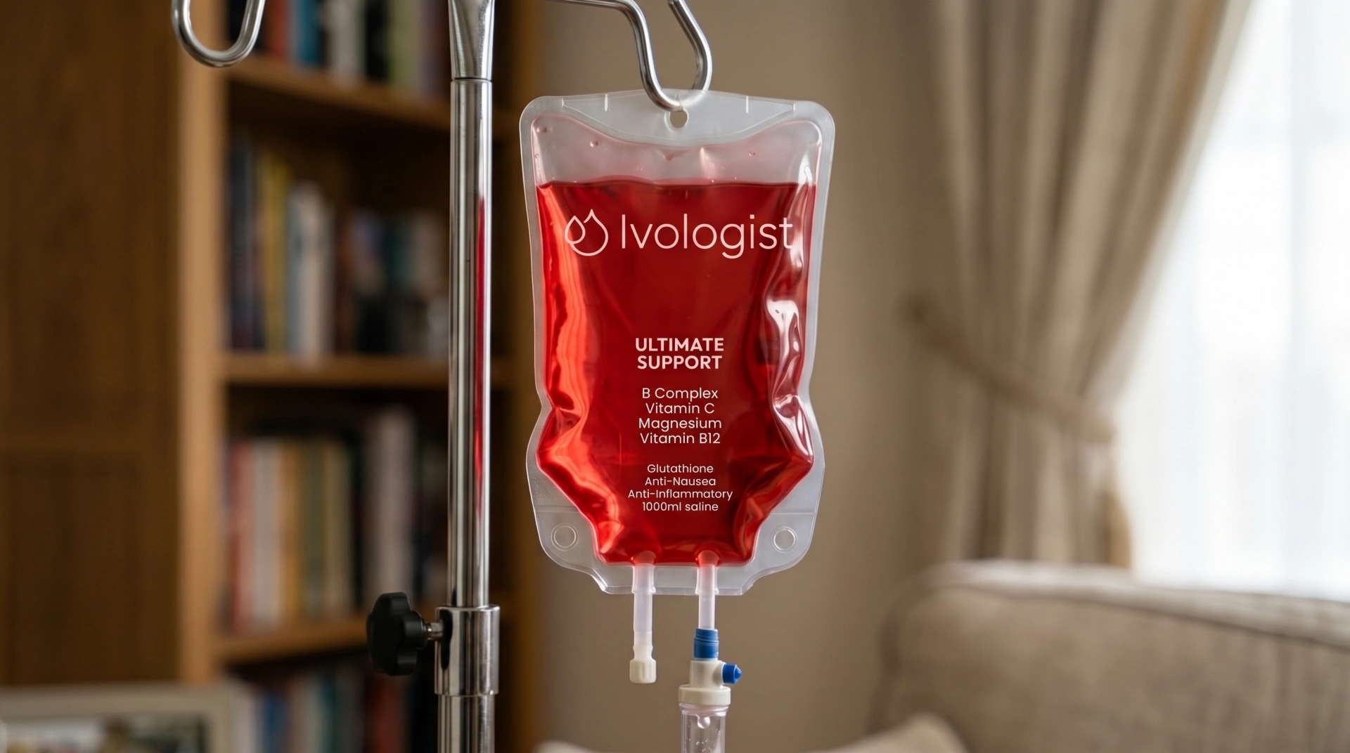 An Ivologist IV bag hanging on a stand in a living room