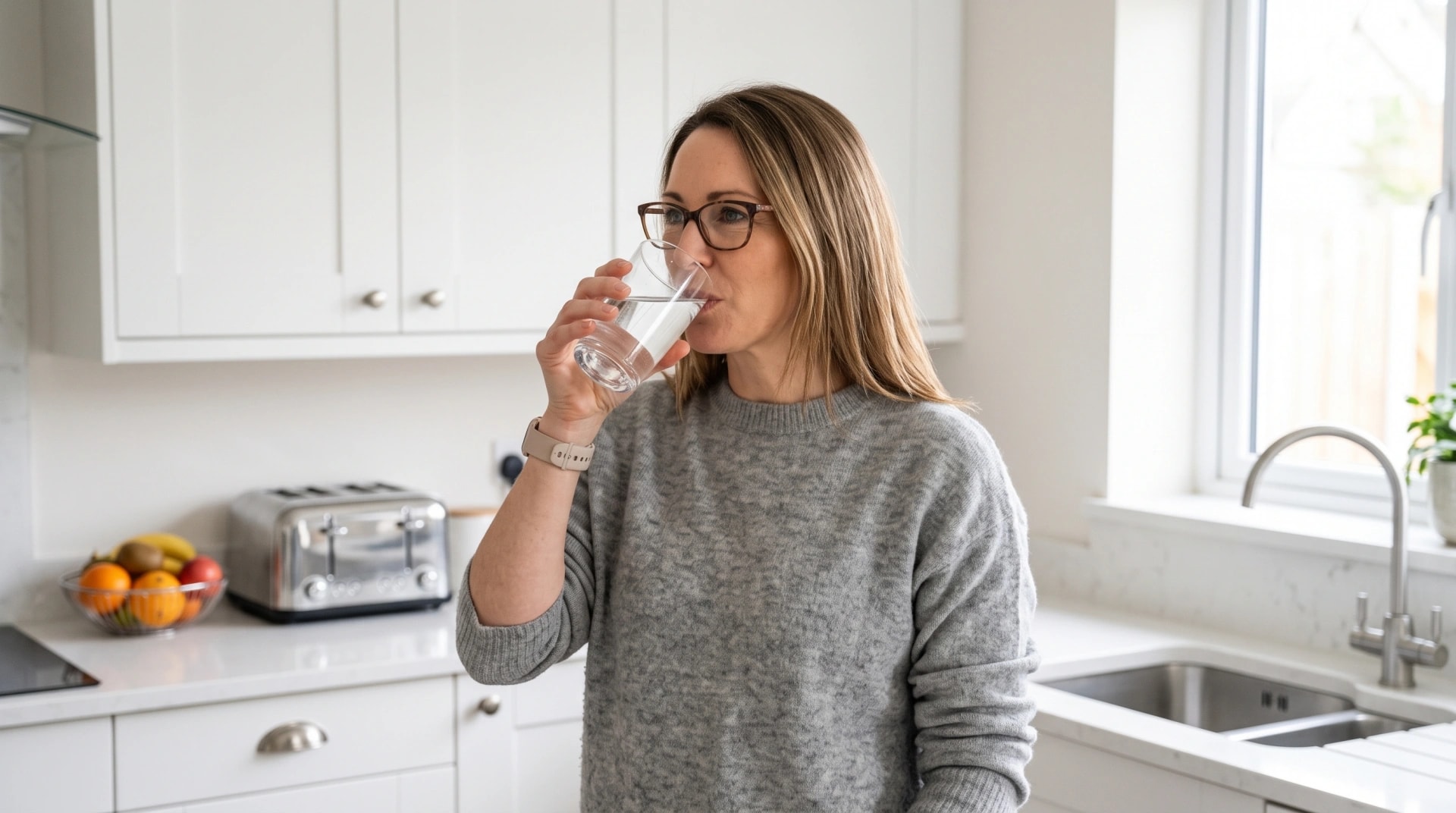 A woman drinking a glass of water in her kitchen