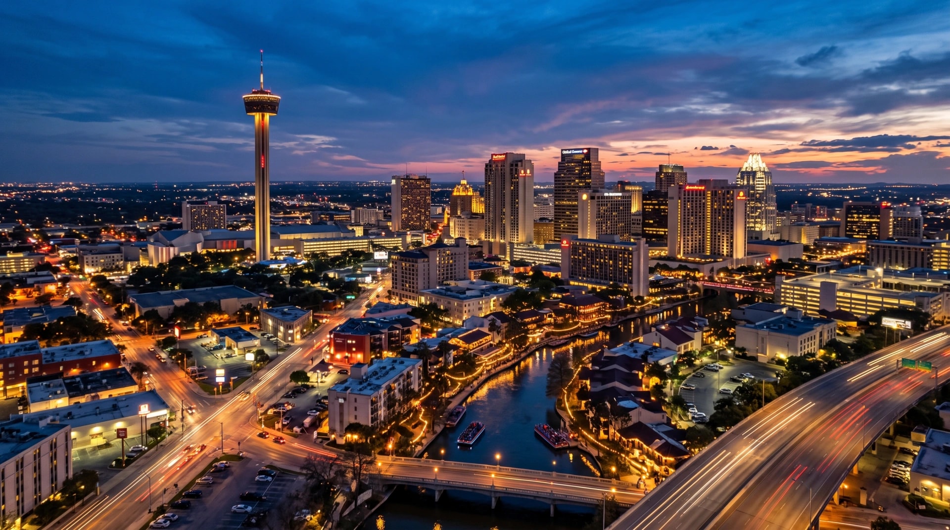 The San Antonio skyline and Tower of the Americas at dusk