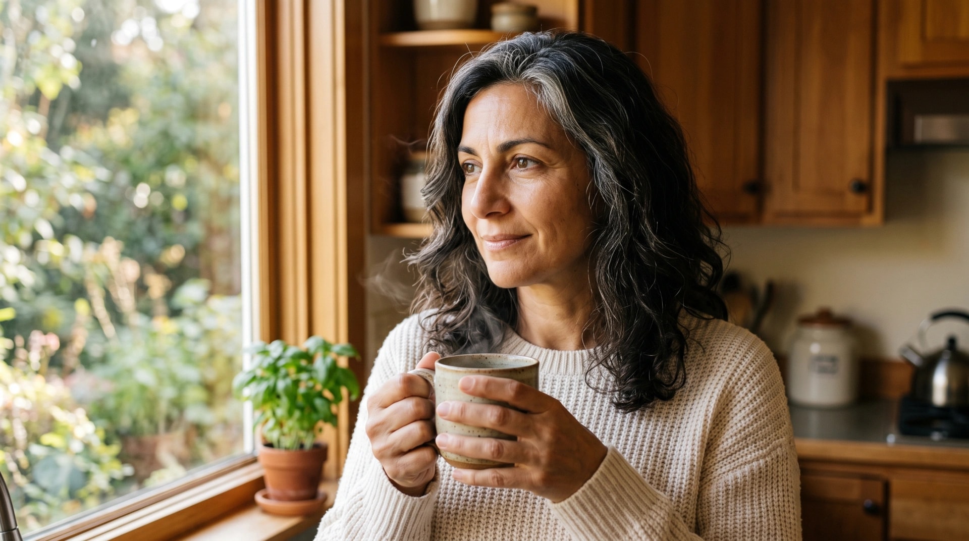 A woman holding a mug of tea by her kitchen window