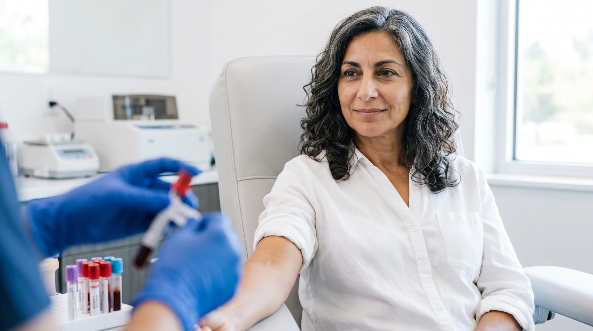A woman having blood drawn at a clinic