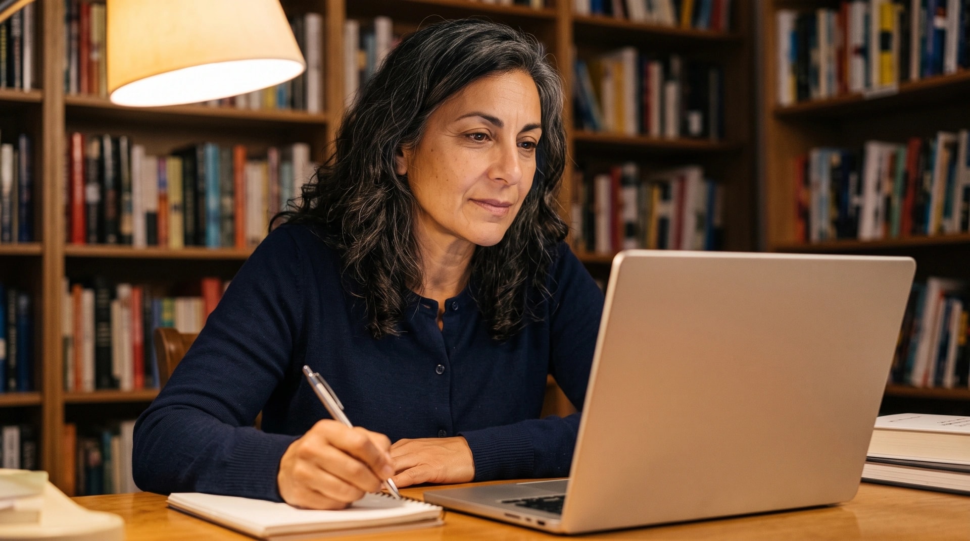 A woman taking notes at her laptop in a home study