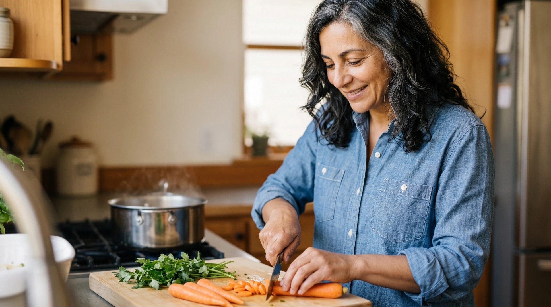 A woman chopping vegetables at her kitchen stove