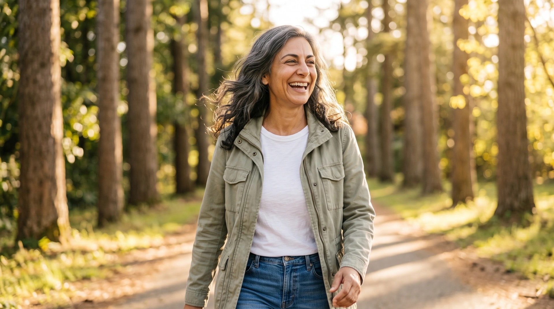 A woman walking along a sunlit forest path