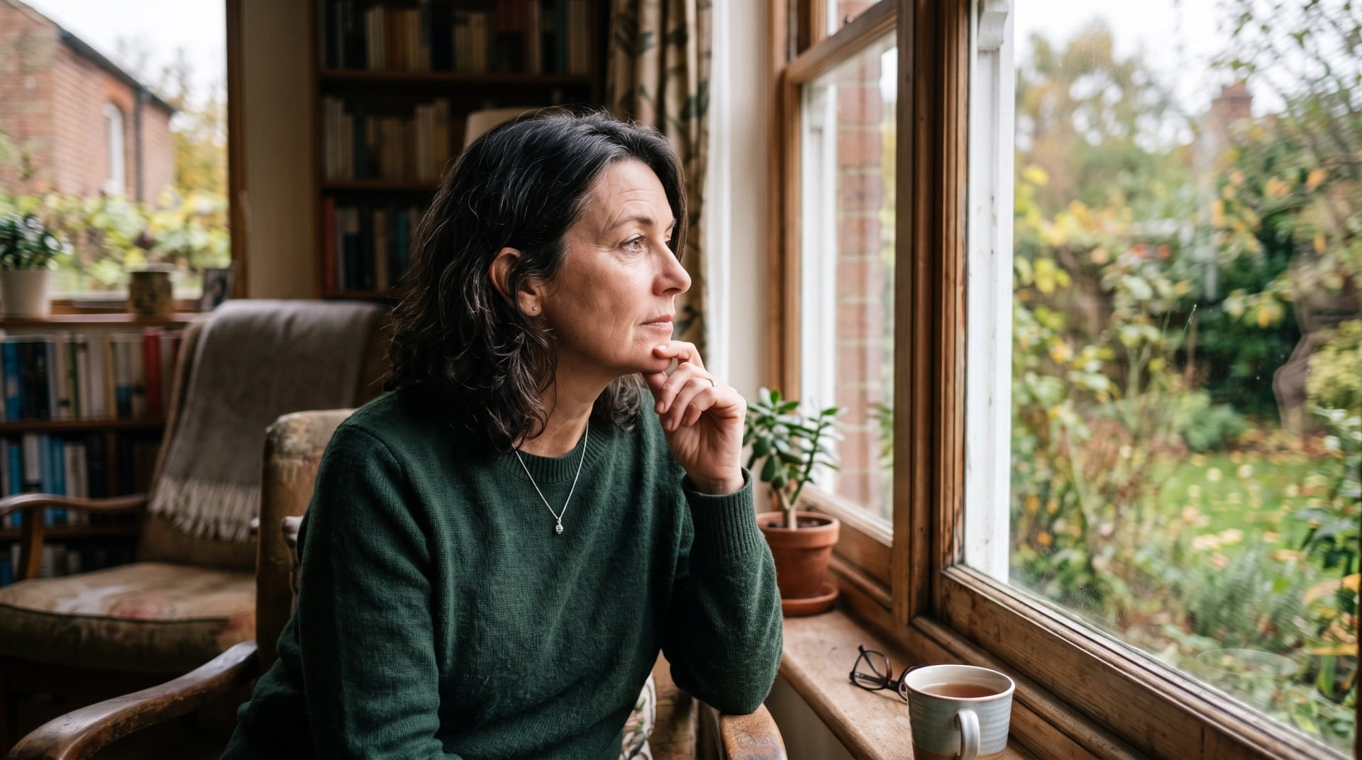 A woman in a green sweater gazing thoughtfully out of a window at home